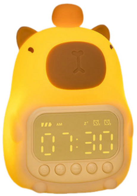 卡皮巴拉水豚造型鬧鐘小夜燈 無極調光伴眠燈 兩組鬧鐘貪睡功能 USB充電, 米黃