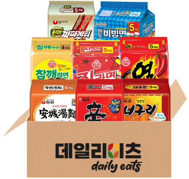 [데일리이츠] 봉지라면 멀티팩 혼합 8종 (신라면 + 짜파게티 + 너구리 + 안성탕면 + 진라면 매운 + 참깨라면 + 열라면 + 팔도비빔면), 4세트