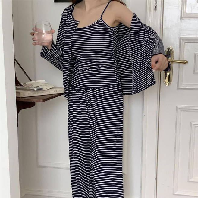 릴리앤로사 3PCS 3피스 면 스트라이프 나시 긴팔 긴바지 파자마 잠옷 세트