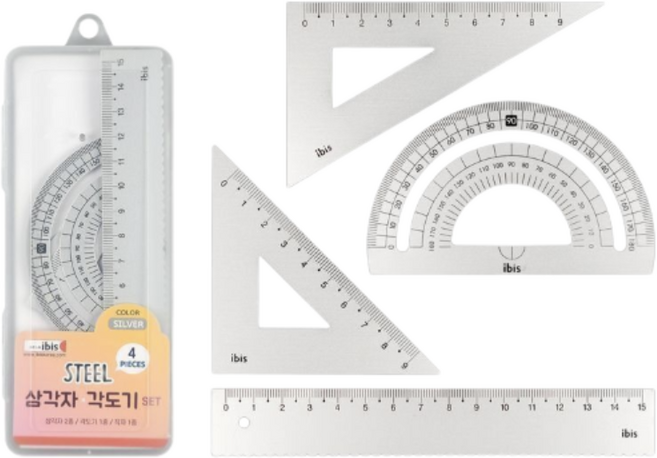 스틸 삼각자 각도기 케이스 세트, 1개, 실버