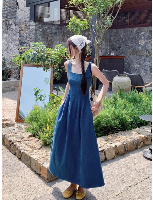 【法式收腰】吊帶連衣裙 牛仔連衣裙 長裙 氣質連衣裙 小眾設計感 高腰顯瘦 藍霧之戀 夏季約會度假 女神範, 藍色