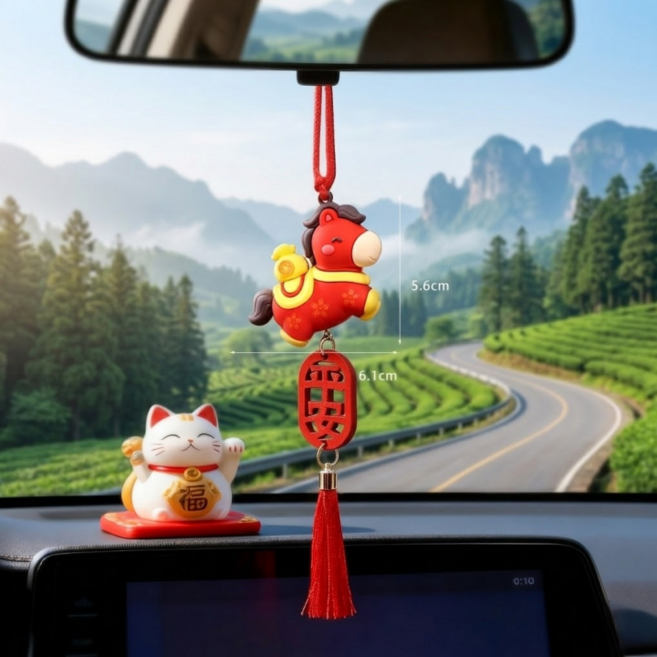 유앤클라인 붉은말 무사고 기원 차량용 룸미러 장식 액세서리, 1개, 레드