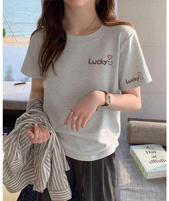 100%純棉 短袖T恤女 字母印花寬鬆上衣 圓領短袖T恤 韓版上衣