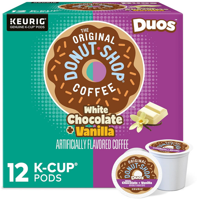 오리지널 도넛샵 듀오스 화이트 초콜릿 + 바닐라 큐리그 1회용 K-컵 파드 12개입, 1개