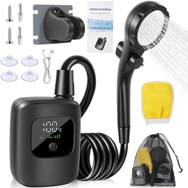 電動淋浴器 便攜式露營淋浴套裝 IPX8 防水, 黑色2400毫安培電池, 1個