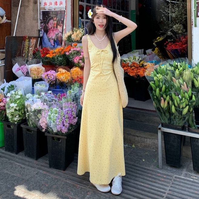 DIU 夏季收腰顯瘦法式碎花蝴蝶結吊帶長裙高腰修身清新甜美連衣裙, L