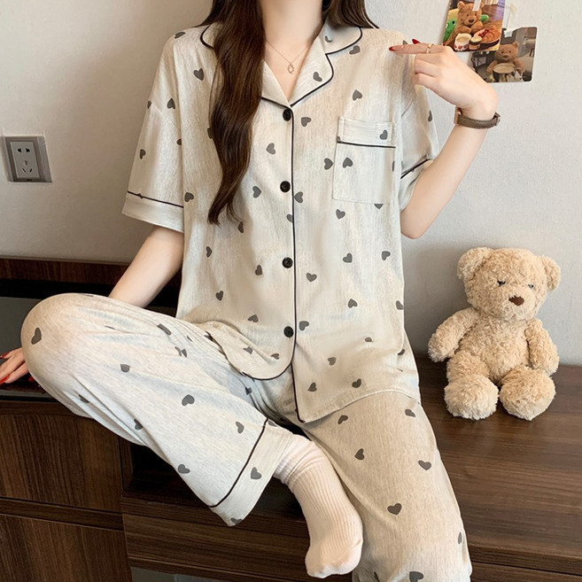 심플 여성 면혼방 파자마 여름 반팔 긴바지 인스타 감성 하트 홈웨어