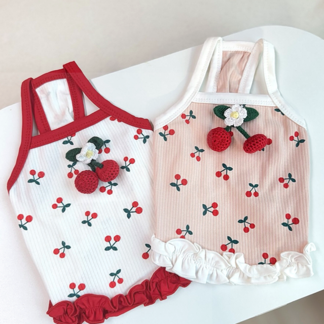 큐앤캐롯 강아지 나시 티셔츠 귀여운 체리 강아지옷, 1개, 화이트