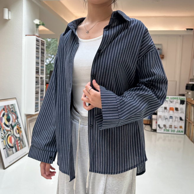 44~66 하르린 간절기 루즈핏 스트라이프 긴팔 셔츠 HL021