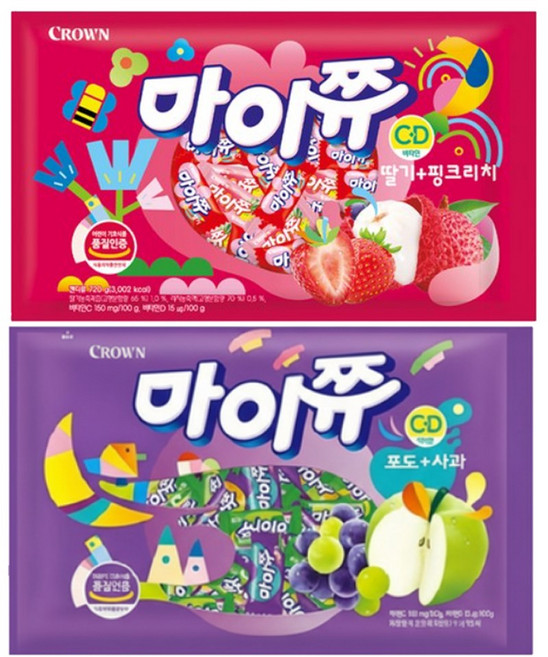 크라운 마이쮸 딸기 복숭아 720g + 포도 사과 720g 세트, 2개