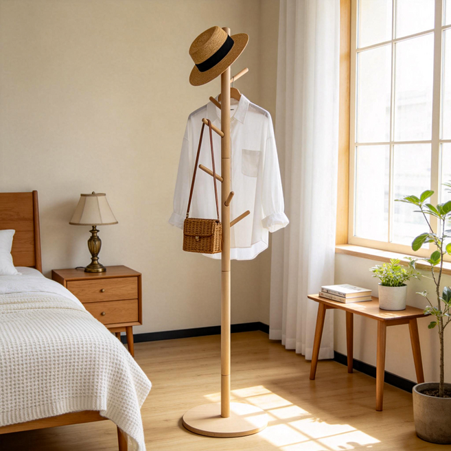 느티나무 스탠드 옷걸이 원목 원판형 8구 방울형 행거 트리, 갈색