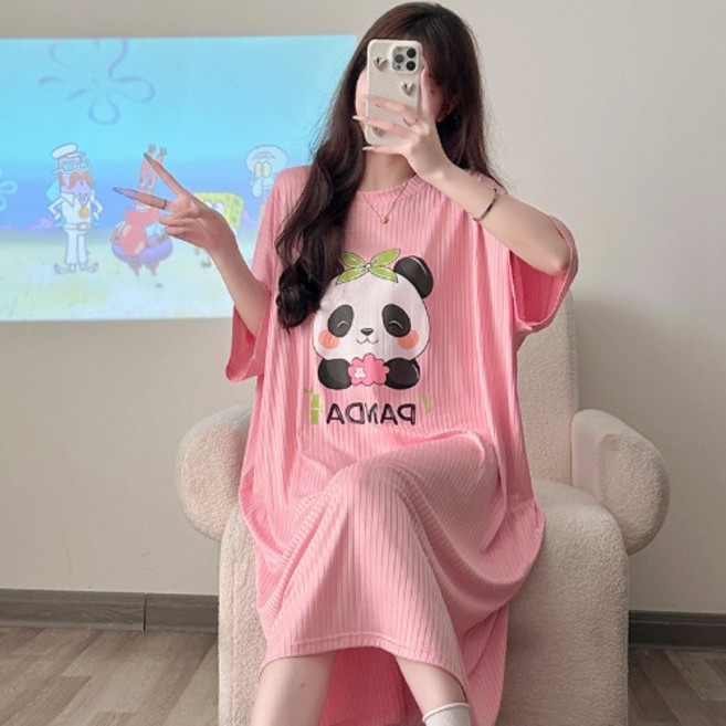 [44-150] 빅사이즈 판다도그 냉감 골지 롱원피스 잠옷 여름 홈웨어