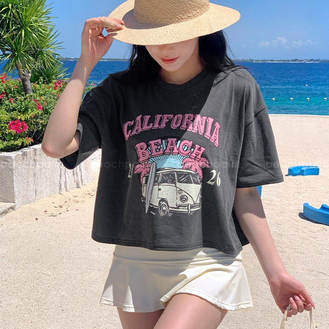 [비치팜] 폴비치 피그먼트 반팔티 비치웨어 커버업 프린팅 썸머 여름 크롭 탑 상의