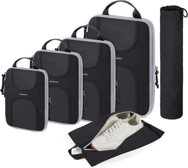 BAGSMART 압축 패킹 큐브 6개 세트 경량 여행 가방 정리함 및 여행용 필수품 (블랙)