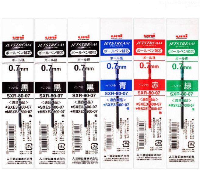 깡쓰 미쯔비시 유니 제트스트림 3색 4색 멀티 볼펜 리필심 0.7mm, 1개, 0.7 6개 세트 (흑3+청1+적1+녹1)