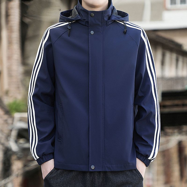 三條線防風連帽外套 - 經典薄款棒球外套