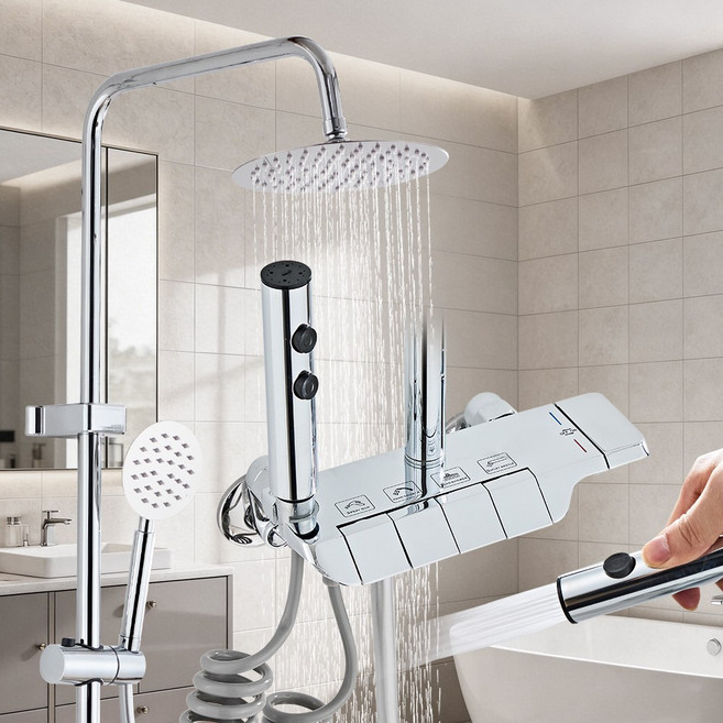 4WAY 욕실 해바라기 샤워기 샤워기 수전세트, 크롬(은색), 1개