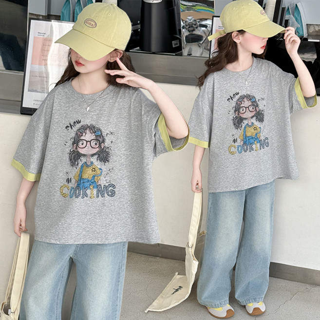 비비키드 주니어 상의 초등생 하의 세트 여아 여름 청바지 세트 초중생 반팔티 초등생 상하세트 여아페인트 (77368)