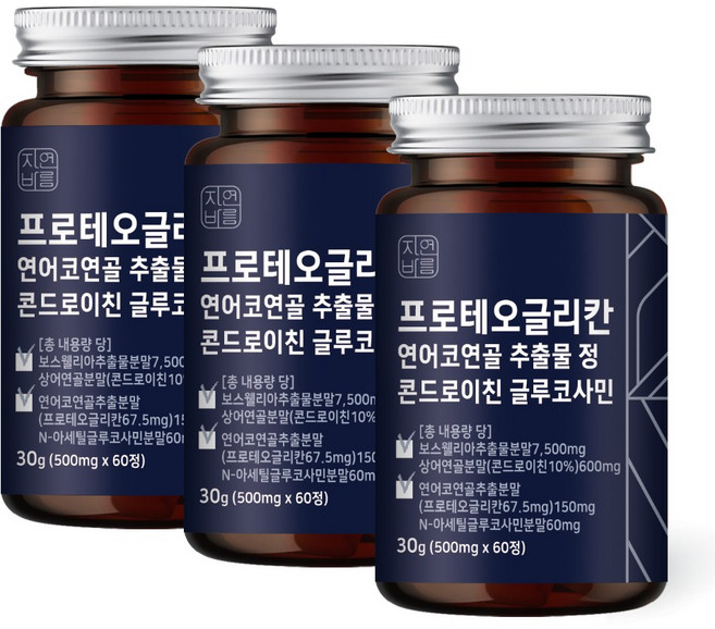 자연바름 프로테오글리칸 연어코연골 추출물 분말 정 비변성 2형 콜라겐 콘드로이친 황산 글루코사민, 60정, 3개