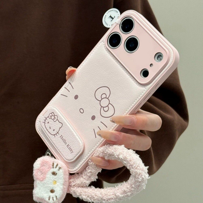 다이슝 키티 레더 거울 장식+플러시 손목 스트랩 아이폰17/16/15 호환 케이스