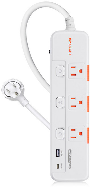 PowerSync 群加 3開3插滑蓋防塵GaN氮化鎵 智能PD QC 36W快速充電USB防雷擊電源延長線1.8米, 白色, 1個, 1.8m