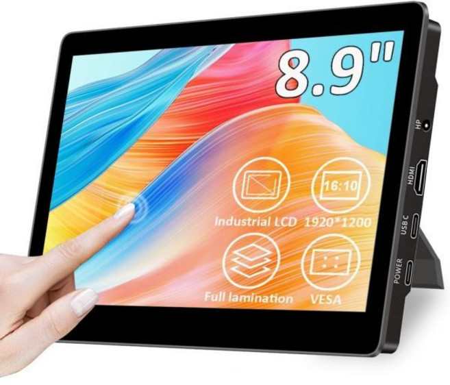 스탠드가 있는 8.9인치 터치 모니터| 1920 1200 | 16 10 450니트|광학 본딩| HDMI/USB-C 포트|미니 PC 노트북 맥 미니용 소형 모니터, 8.9 Inch, 1920x1200 Touch