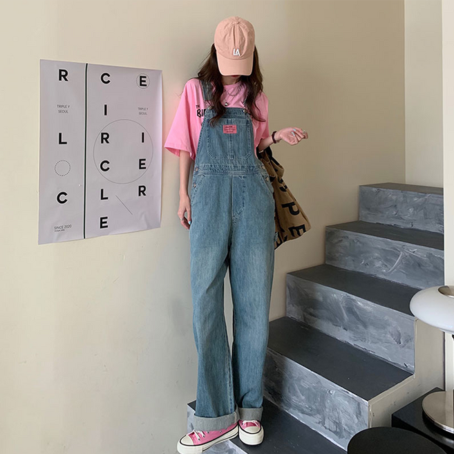 여성용 데일리 하이웨스트 와이드 데님 멜빵 바지 스트레이트 포켓 청점프슈트