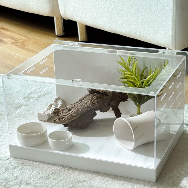 더엑소틱 소형 아크릴 사육장 레오파드게코 펫테일 게코 스컹크 투명 아크릴 사육장 크레 리키, 1개, 릴리화이트