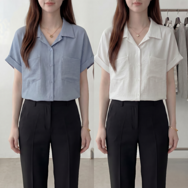 레노이 1+1 여름 심플 스타일 여성 반팔 루즈핏 빅사이즈 슬림 셔츠 블라우스