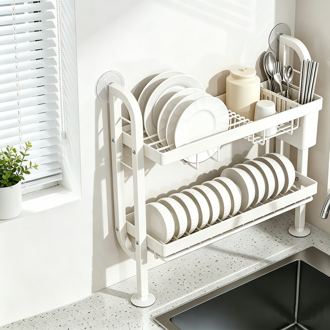 WHH 슬림 식기 건조대 주방 다목적 물빠짐 흡반 선반, 1개, 베이지, 2단