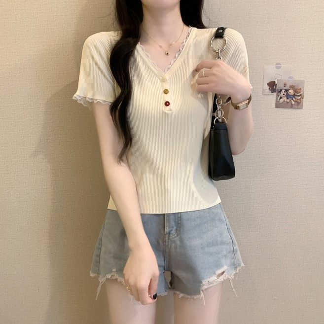 AURALA 여자 여름 루즈핏 레이스 브이넥 반팔티 베이직 반팔 티셔츠