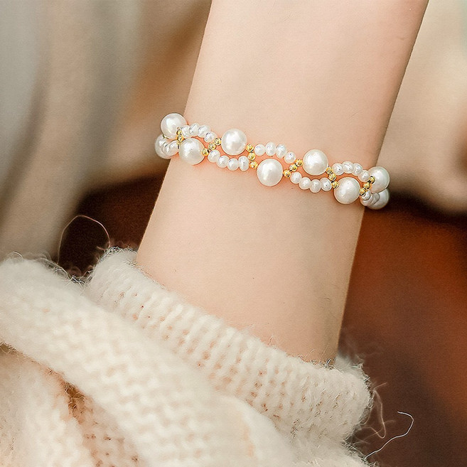 백송 진주 물결 라인 금볼 팔찌 우아하 데일리 레이어드 여리핏 여성 우정 패션 웨이브 비즈