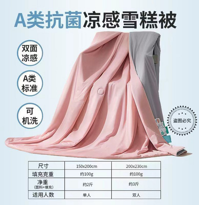 A類抗菌涼感雪糕被 雙面涼感 單人/雙人可機洗, 1個, 甄選優質冰絲夏被-冰絲粉色+灰色100X140cm/A類可裸睡可機洗