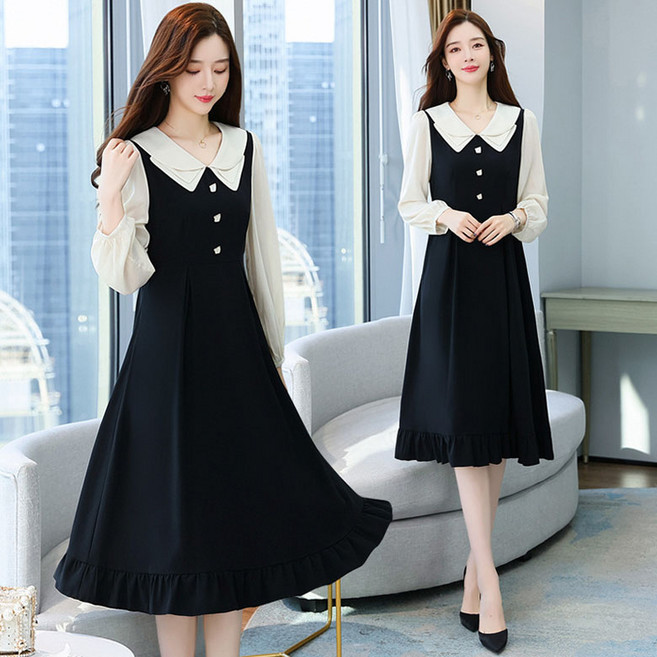 FANSYLI 여성 셔츠 원피스 봄가을 빅사이즈 슬림 원피스 패션 통근 긴팔 A라인 원피스 W2509S10