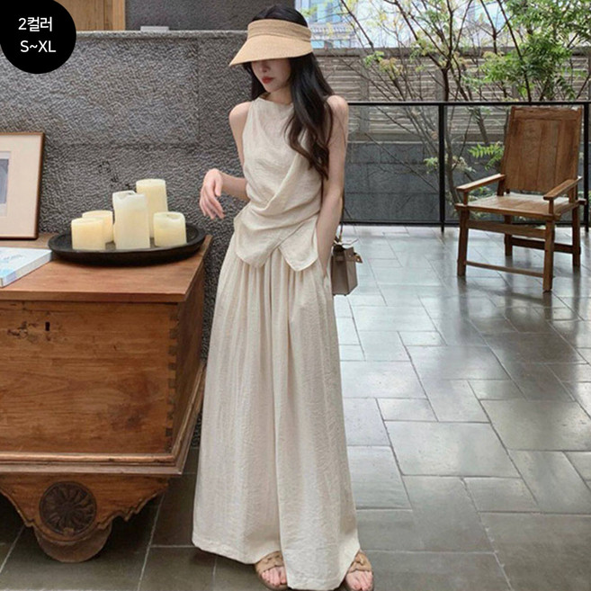 FANSYLI 여성 여름 바캉스 비치웨어 세트 민소매 조끼 블라우스 와이드팬츠 슬랙스 정장 상하복 2종 세트 오피스룩 빅사이즈 2603JLL6087