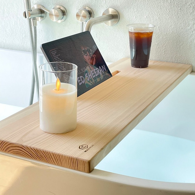 [우드플러스] 편백나무 통원목 욕조트레이 욕조덮개 길이750, 베이직-수건걸이 없음, 1개