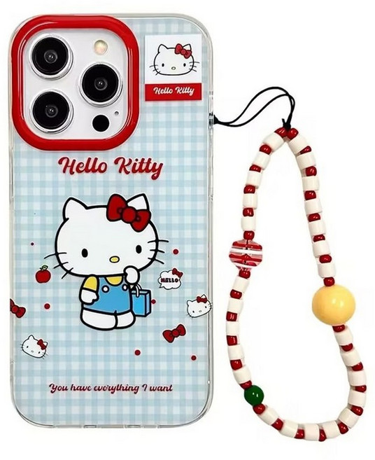 다이슝 블루 체크 키티 아이폰16pro 케이스 호환 스트랩 키링 iphone 15/14 케이스