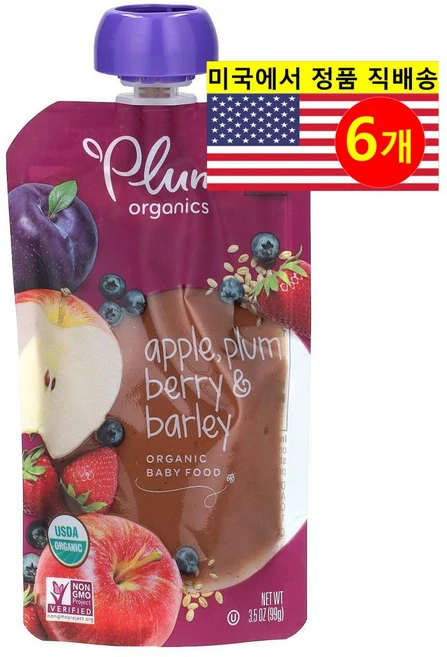 Plum Organics 6개월 이상 유아용 오가닉 과일 채소 곡물 퓨레 이유식 113g 6개, 6개 - 쿠팡