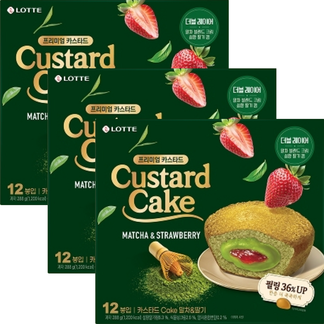 프리미엄 카스타드 케이크 말차n딸기, 3개, 288g