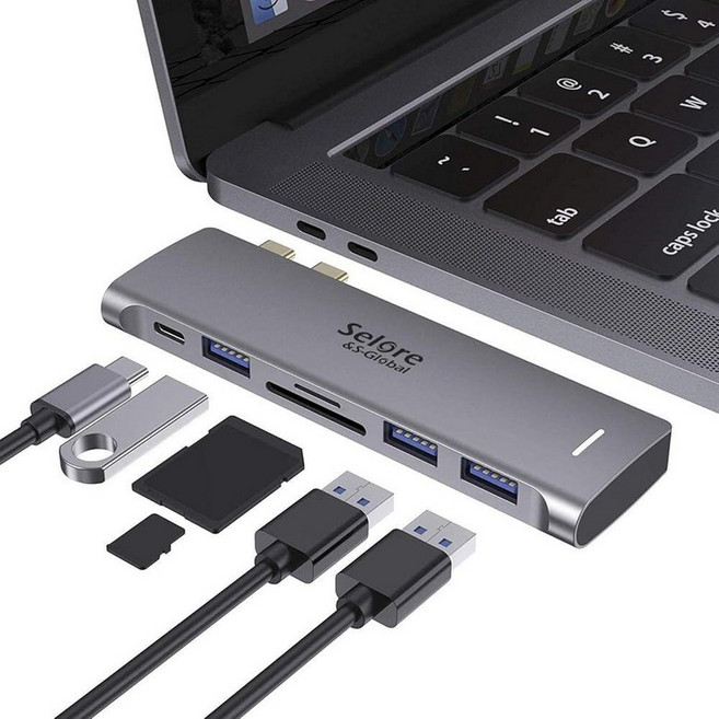 맥북 프로/에어 M1 M2 M3 2021 2020 2019 13인치 15인치 16인치용 USB C 어댑터 6 in 1 USB-C 허브 맥북 프로 액세서리 USB 3.0 포트, 회색