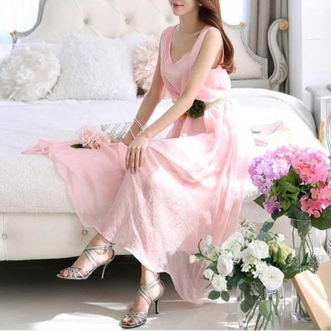 여름 휴양지 민소매 롱 원피스 쉬폰 하늘하늘 리조트룩 바캉스룩