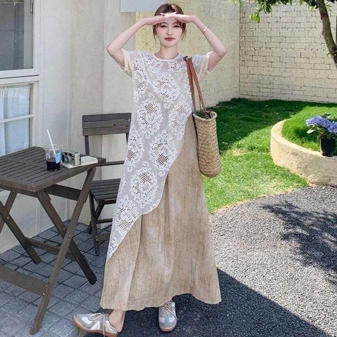 ORZQU 여름 여성 빅사이즈 레이스 가디건 민소매 스커트 세트 반팔 투피스