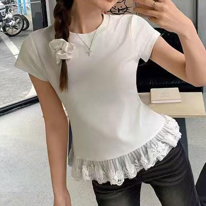 더그랜 여성 밑단 프릴 레이스 슬림핏 라운드넥 반팔 티셔츠