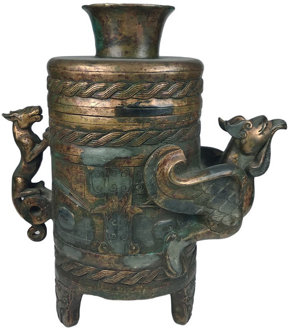 博古珍藏 漢．和闐碧玉鎏金雕鳳首瑞獸蓋罐．3.21公斤．老件文物．早期收藏, 1個