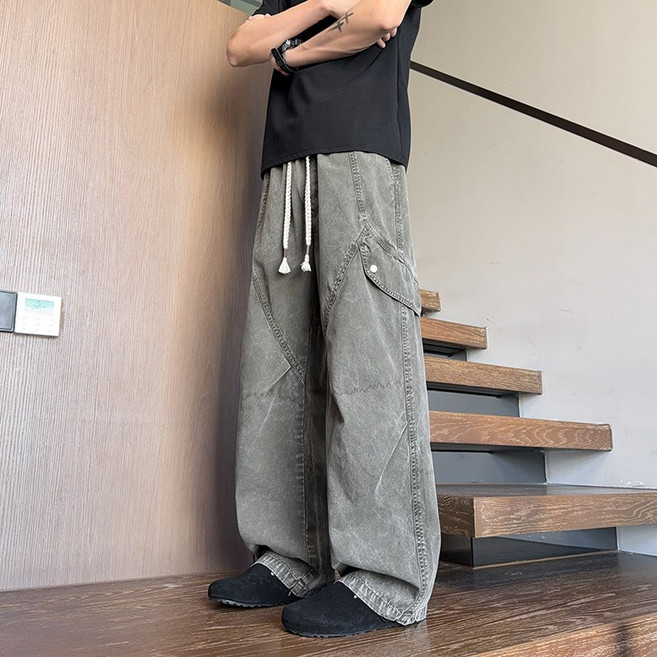 美式復古寬鬆休閒工裝長褲 - 大尺碼潮牌男士闊腿褲