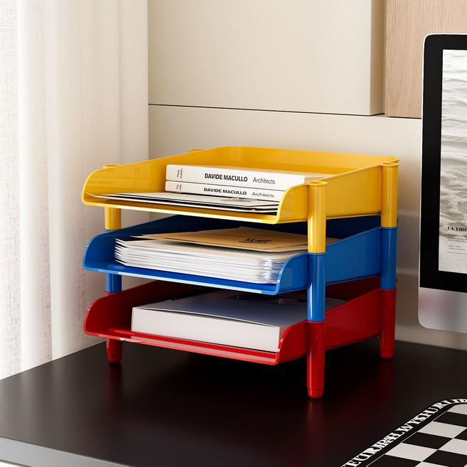 [YOUNG] A4 서류정리함 적층 서류트레이 책상 서류보관함 A4용지 수납 정리함 데스크 정리 트레이, 3단, 혼합컬러