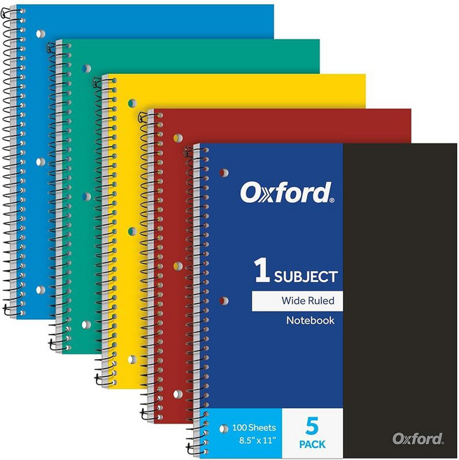Oxford 1 과목 나선형 노트 학교용 노트 플라스틱 커버 학교 용품 넓은 줄 100장 5팩 다양한 기본 색상: 블랙 블루 레드 그린 및 옐로우 (10092, Oxford 1 과목 나선형 노트, 학교용 노트, 플라