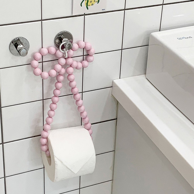 이모네리본 비즈 두루마리 휴지 걸이 화장실 욕실 주방 다용도, 핑크, 1개