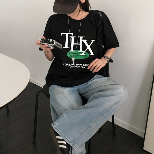 티데일리 땡스 프린팅 오버핏 20수 라운드 반팔 티셔츠