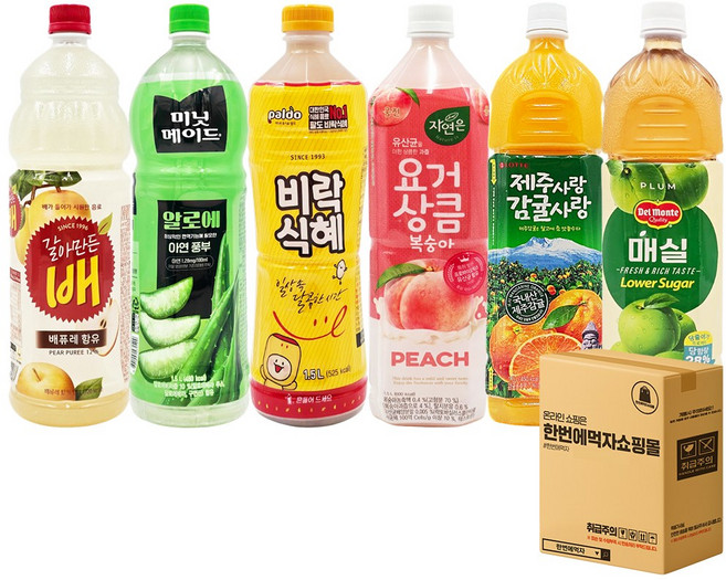[한번에먹자쇼핑몰] 과즙음료 6종 혼합세트 6종 혼합세트 / 해태음료 갈아만든 배 팔도 비락식혜 제주감귤 알로에 매실 웅진 요거상큼 복숭아, 6개, 1.5L